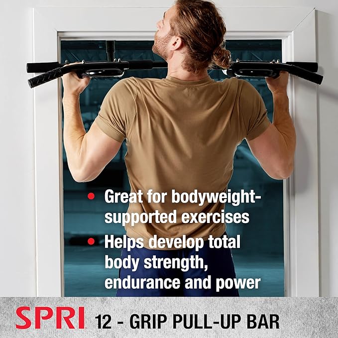 SPRI Pull Up Bar - 8-Grip and 12-Grip Door Frame Mounting Pull-Up Bar for Versatile Workouts - Rugged Steel Frame with Foam Handles - Supports 300 Pounds - Fits Door Frames Up to 32 in. Wide – Black