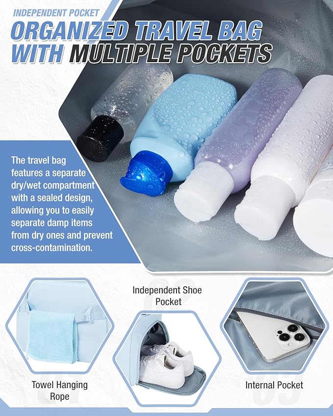 Gym Duffle Bag for Women Carry on Luggage Travel Essentials Airline Approved Personal Item 18x14x8 Inches Lightweight Weekender Sports Travel Duffel Bag with Shoe Compartment Wet Pocket Men LightBlue