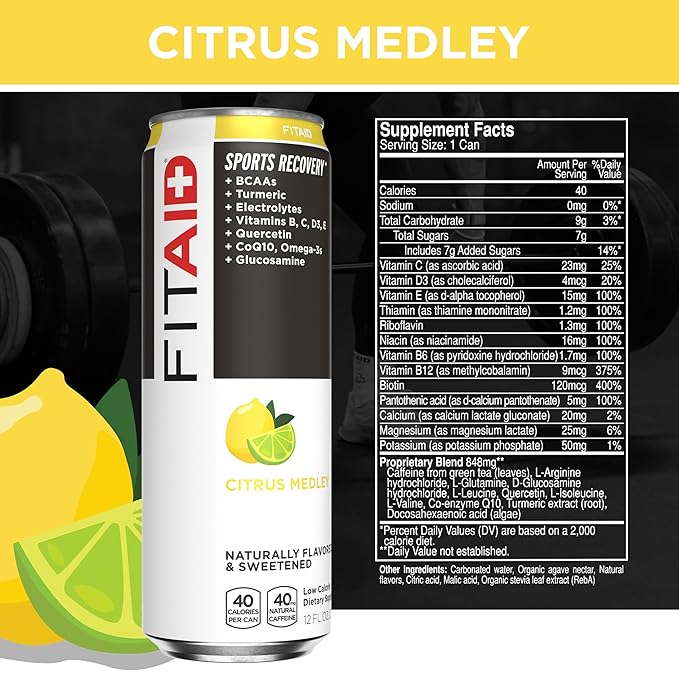 FITAID Recovery Blend, Variety Pack, BCAAs, Glucosamine, Electrolytes, Omega-3s, Green Tea, 100% Clean, Paleo, Vegan & Gluten-Free, Naturally Sweetened & Flavored, 12-oz. cans (Pack of 12)