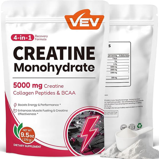 VEV Creatine Monohydrate for Women Powder 5000mg with Collagen & BCAAs 2:1:1 – Creatina para Mujeres, Supports Muscle Definition, Recovery & Energy – Unflavored, Sugar-Free, 9.5oz, 30 Servings