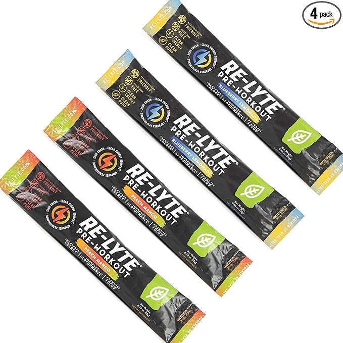 Redmond Re-Lyte Pre-Workout Drink Mix, Sampler Pack, 4 Sticks