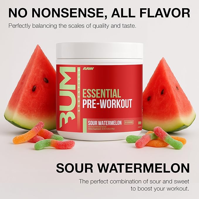 RAW Essential Pre-Workout Powder (Sour Watermelon) - Chris Bumstead Sports Nutrition Supplement for Men & Women - Preworkout Energy Powder with Caffeine, L-Citrulline, L-Tyrosine, & Beta Alanine Blend