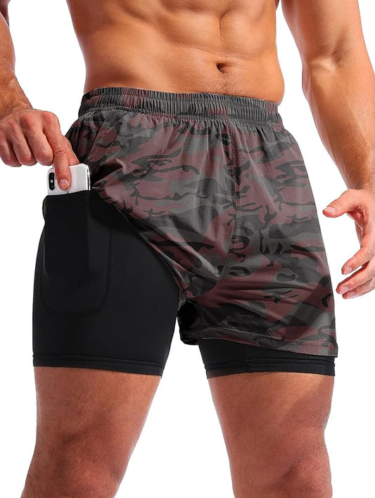 Pudolla Men’s 2 in 1 Running Shorts 5" Quick Dry Gym Athletic Workout Shorts for Men with Phone Pockets