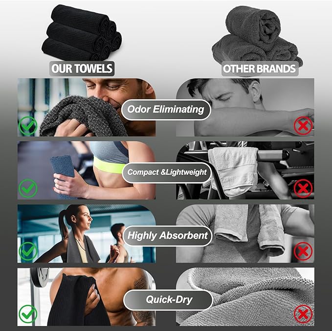 Microfiber Gym Towels for Working Out, Quickly Dry Yoga Towels for Men & Women Tennis, 16 Inch x 27 Inch, 6 Pack, Black