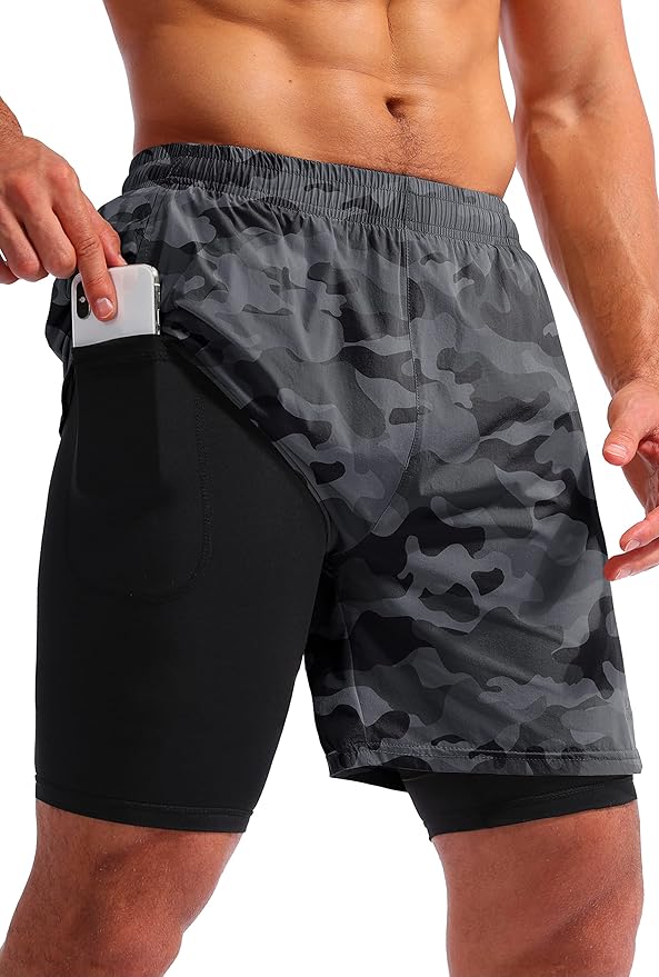 Pudolla Men’s 2 in 1 Running Shorts 5" Quick Dry Gym Athletic Workout Shorts for Men with Phone Pockets