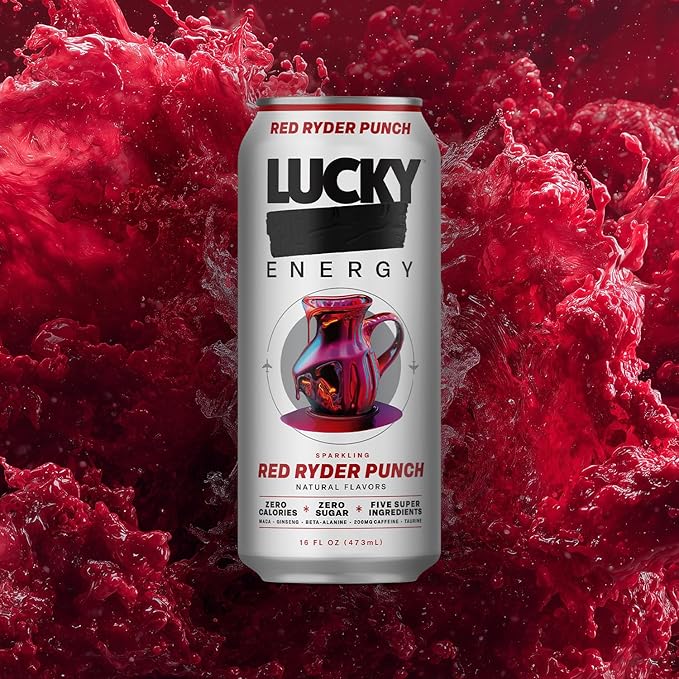 Lucky Energy Sugar Free Energy Drinks 16 Fl Oz Cans (12-Pack) Healthy Energy Drink. Red Ryder Punch with Maca, Ginseng, Taurine, Beta-Alanine, 200mg Caffeine (Packaging may vary).