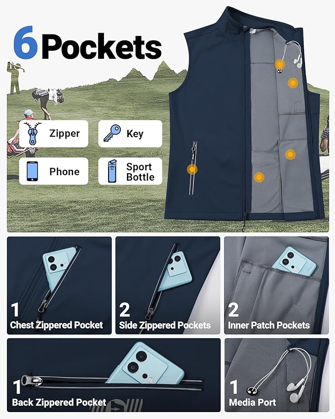 Outdoor Ventures Men's Windproof Softshell Vest Outerwear Lightweight Sleeveless Jacket for Running Golf Hiking Travel