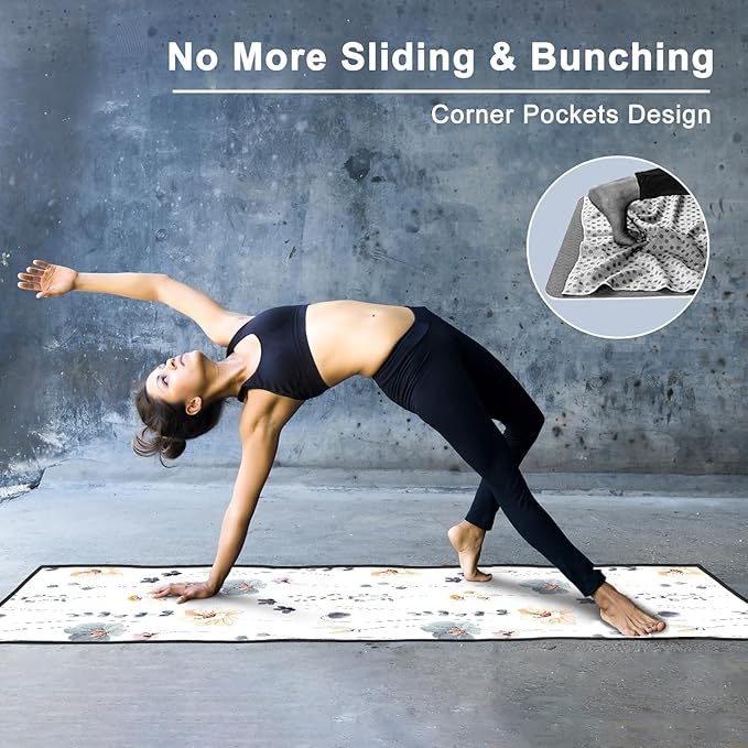 QiyI Floral Yoga Mat Towel with Corner Pockets, Non Slip Sweat Absorbent Hot Yoga Towels, Soft Yoga Blankets with Travel Bag, Mat Cover for Workout, Gym, Fitness - 74"x26", Watercolor Flowers