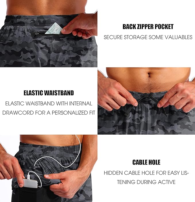 Pudolla Men’s 2 in 1 Running Shorts 5" Quick Dry Gym Athletic Workout Shorts for Men with Phone Pockets