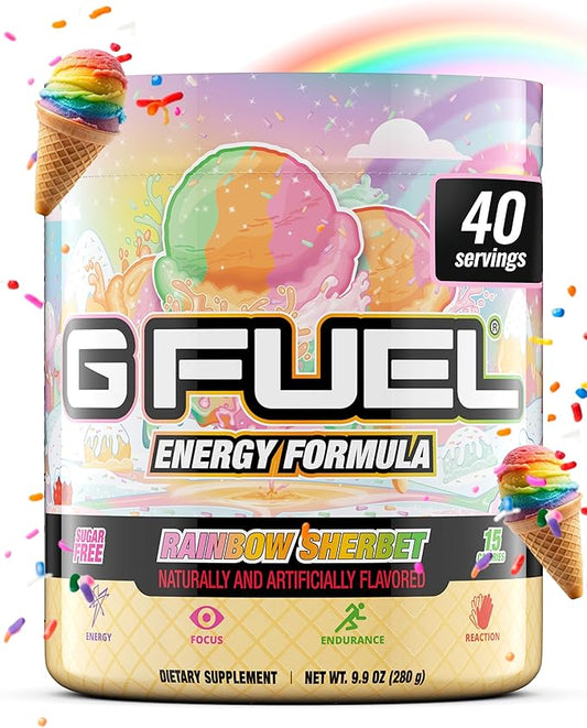 G Fuel Rainbow Sherbet Energy Drink Powder, Pre Workout Caffeine Mix for Gaming, Sugar Free Focus Amino, Vitamin + Antioxidants, 9.9oz (Rainbow Sherbet, 40 Servings)