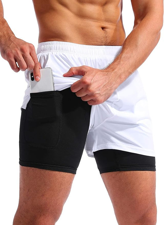 Pudolla Men’s 2 in 1 Running Shorts 5" Quick Dry Gym Athletic Workout Shorts for Men with Phone Pockets