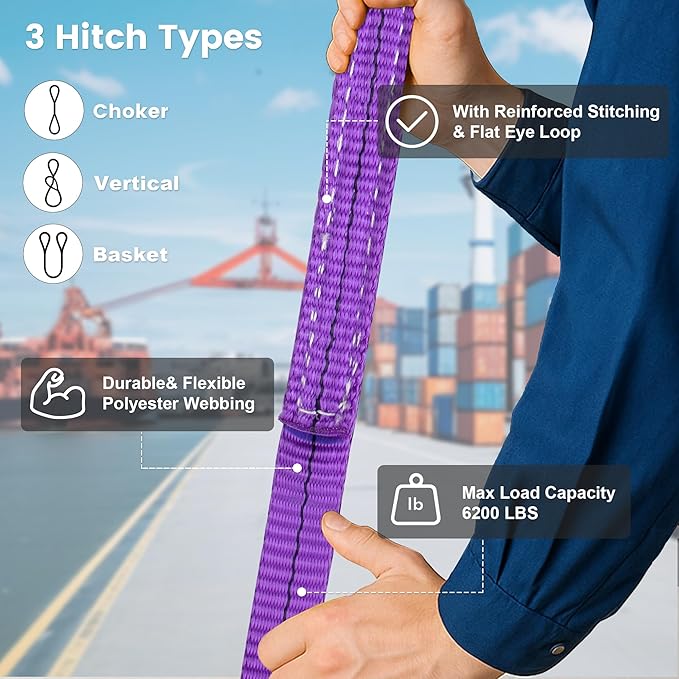 Leyso Pack of 2 Purple 6' x 1" Multifunctional Heavy Duty Lift Sling Web Town Strap with 5" Diameter Reinforced Loops and Wear Guard End