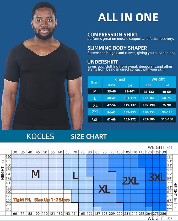 KOCLES Gynecomastia Compression Shirts for Men, Shapewear Slimming Body Shaper Undershirt, V-Neck Baselayer T-Shirt Workout