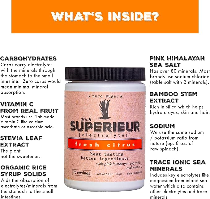 Superieur Electrolytes – Plant Based Electrolyte Supplement w/Sea Minerals for Hydration & Recovery – Keto Friendly, Non-GMO, Zero Sugar, Vegan Healthy Sports Drink Powder – Citrus (70 Servings)