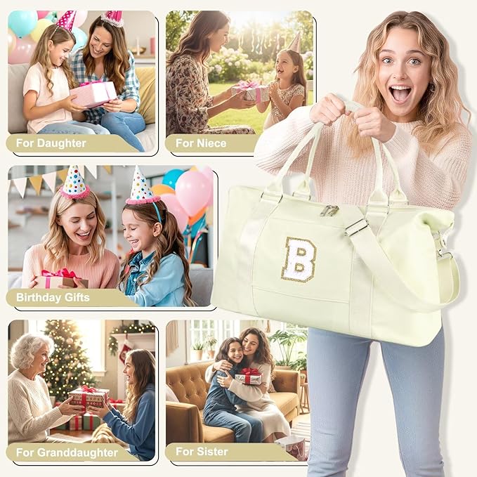 Dance Gym Duffel Bag for Teen Girls, Personalized Initial Travel Weekender Bag,Cute Overnight Carry On Duffle for Women,Sports Travel Cheer Bag,Monogram Christmas Gifts for Tween Preppy(beige-B)