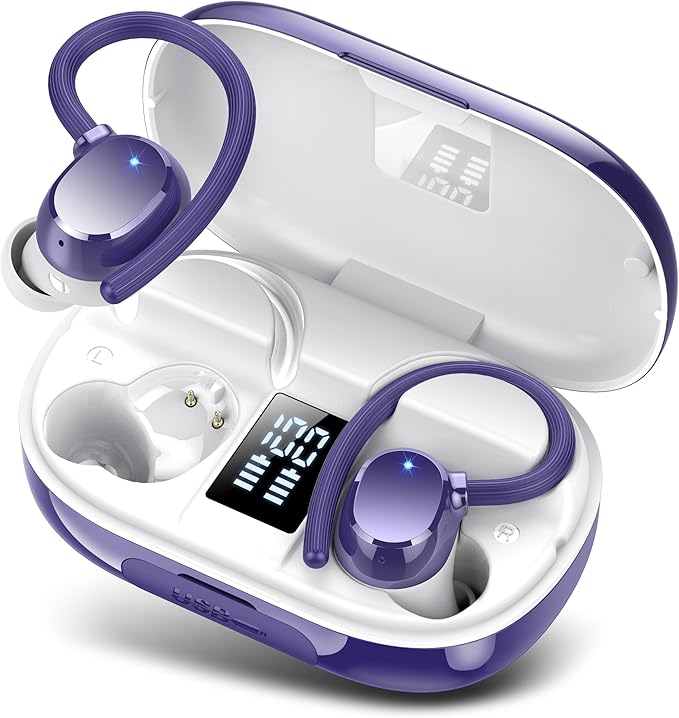 Wireless Bluetooth Earbuds Sport 128H Playtime Bluetooth 5.3 Headphones with LED Display Powerful Bass Over Ear Earphones with Earhooks IP7 Waterproof
