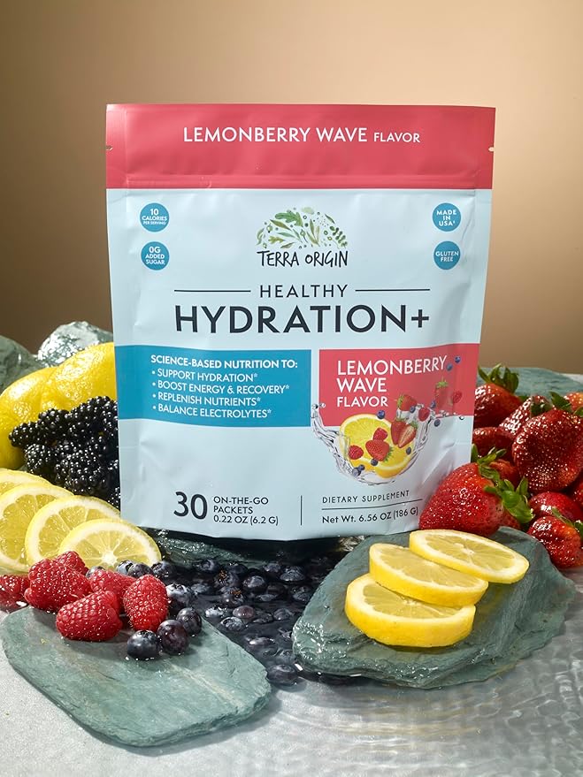 TERRA ORIGIN Healthy Hydration+ Weekend Recovery | 30 Packets | Zero Sugar Powder Drink for Energy and Recovery | Lemonberry Wave