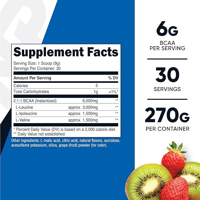 Nutricost BCAA Powder (Strawberry Kiwi, 30 Servings) - Optimal 2:1:1 Ratio