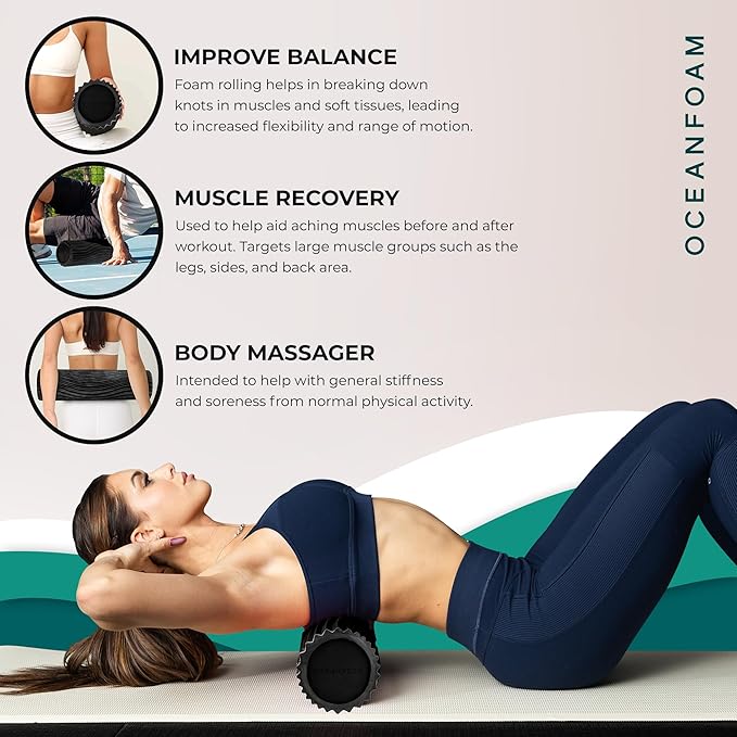 Oceanfoam Soft Tidal Roller (Black & Charcoal Marbled) - Low Density Foam Roller for Physical Therapy, Back Pain, Exercise & Stretching - Wave Textured - Yoga & Wellness - Full Size, 20" x 5"