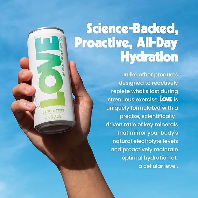 Be LOVE Balanced Electrolyte Beverage with Magnesium, Potassium & Sodium - Purified Still Beverage for Daily Hydration, Exercise, Work & Wellness- Zero Sugar, Gluten Free (Citrus Zest, 12oz x 12ct)