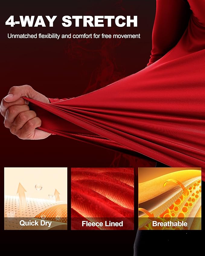 Men's Thermal Compression Shirts, Long Sleeve Fleece Lined Turtleneck Undershirt, Cold Weather Ski Base Layer Tops