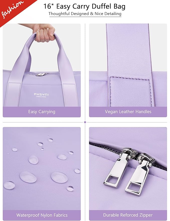 Small Sports Gym Bag for Women Girls Kids Duffle Bag for Fitness Workout, Travel, Dance, Ballet, Swim with Shoes Compartment & Waterproof Pocket, 16" Cute Purple