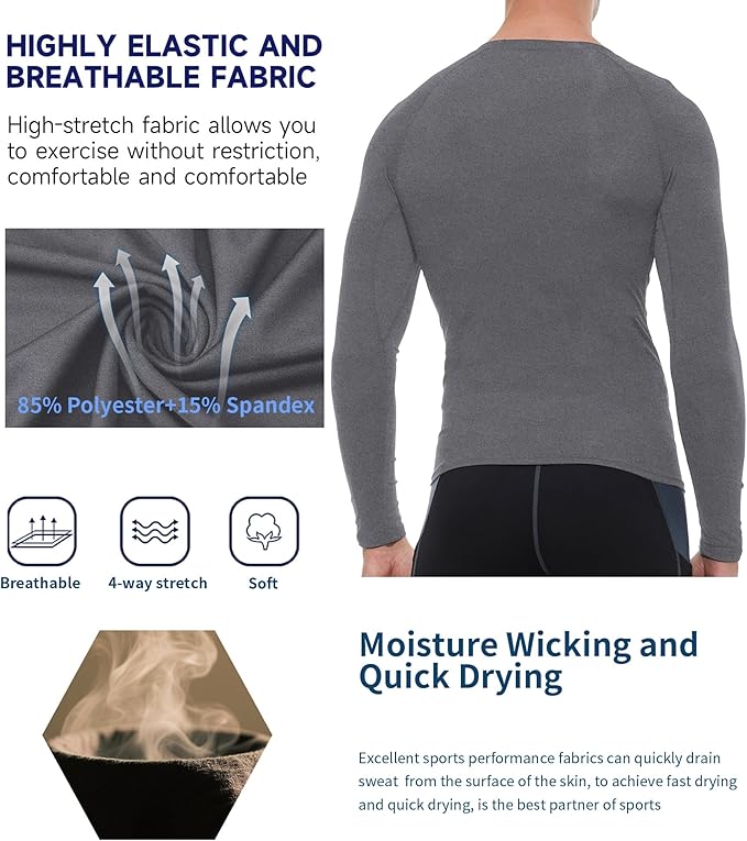 Compression Shirt Men Long Sleeve Quick Dry T-Shirt Athletic Workout Base Layer Running Sports Gym Undershirts