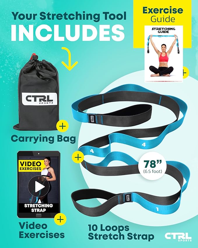 Stretching Strap with Loops - Non Elastic Stretch Band for Physical Therapy, Yoga Strap for Stretching Equipment, Stretch Bands for Exercise and Flexibility - Fascia, Hamstring & Leg Stretcher Belt