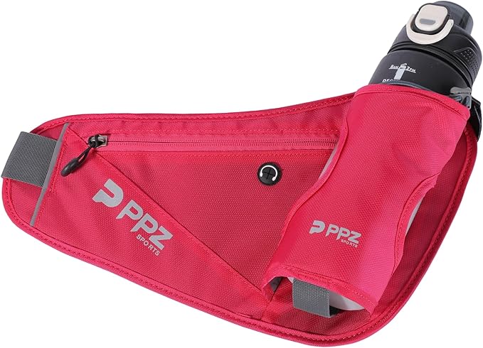 PPZ sports waist bag with bottle rack, waterproof, 2 pockets, adjustable belt - suitable for running, fitness, jogging and outdoor activities (pink)