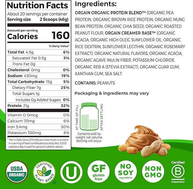 Orgain Organic Vegan Protein Powder, Peanut Butter - 21g Plant Protein, 7g Prebiotic Fiber, Low Net Carb, No Dairy Ingredients, No Added Sugar, For Shakes & Smoothies, 2.03 lb (Packaging May Vary)
