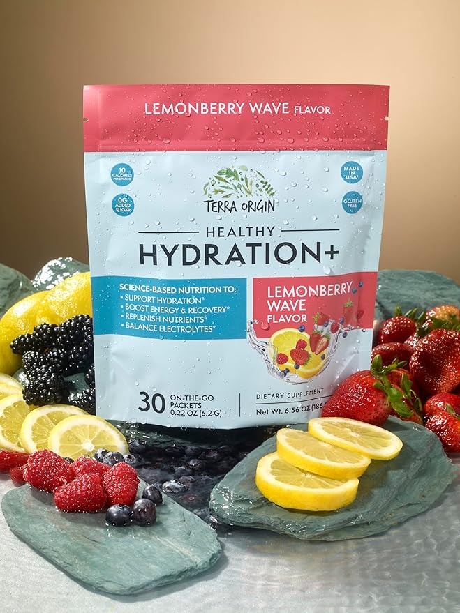 TERRA ORIGIN Healthy Hydration+ Weekend Recovery | 30 Packets | Zero Sugar Powder Drink for Energy and Recovery | Lemonberry Wave