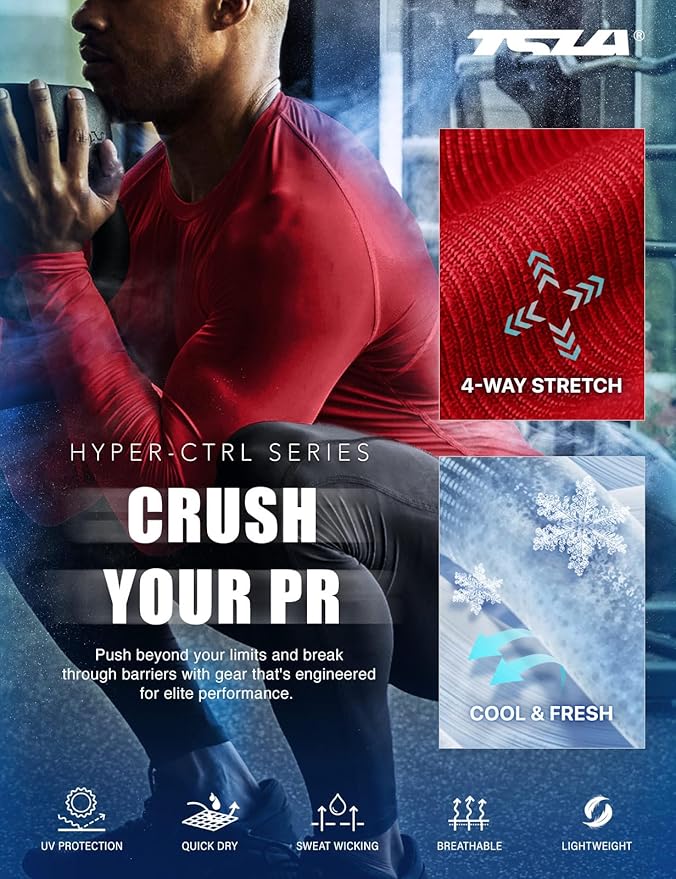 TSLA Men's UPF 50+ Compression Shirts, Cool Dry Long Sleeve Athletic Tops, Sports Baselayer Workout Shirt