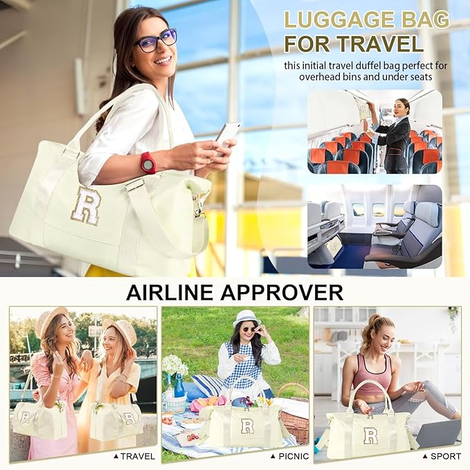 Dance Gym Duffel Bag for Teen Girls, Personalized Initial Travel Weekender Bag,Cute Overnight Carry On Duffle for Women,Sports Travel Cheer Bag,Monogram Christmas Gifts for Tween Preppy(beige-R)