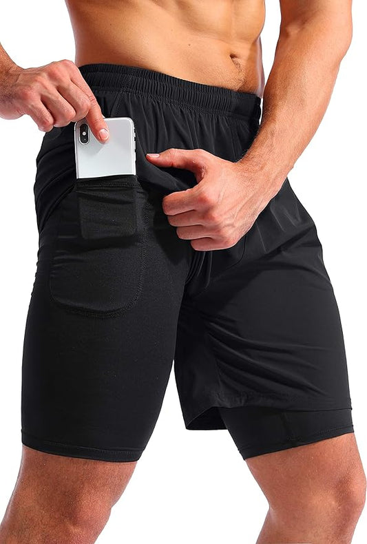 Pudolla Men’s 2 in 1 Running Shorts 5" Quick Dry Gym Athletic Workout Shorts for Men with Phone Pockets