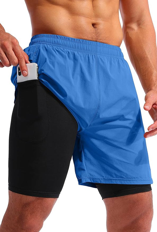 Pudolla Men’s 2 in 1 Running Shorts 5" Quick Dry Gym Athletic Workout Shorts for Men with Phone Pockets
