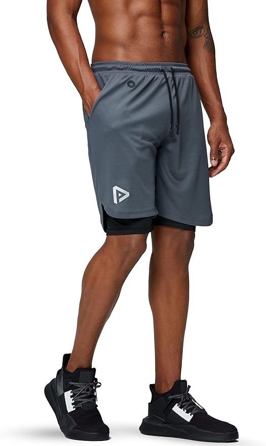 Pinkbomb Men's 2 in 1 Running Shorts Gym Workout Quick Dry Mens Shorts with Phone Pocket