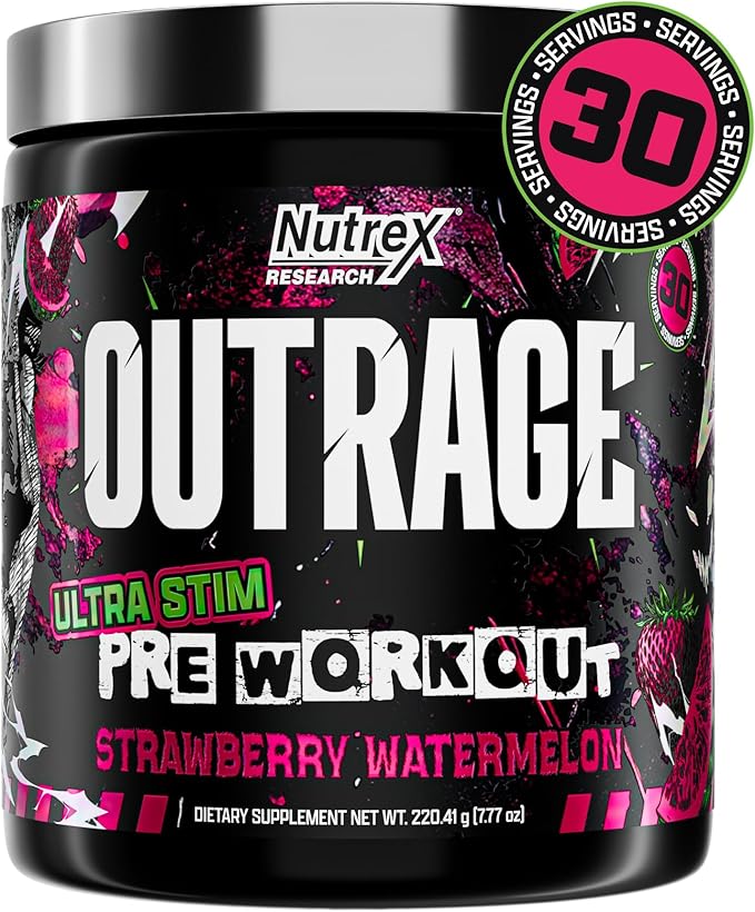 Outrage Ultra HIGH STIM Pre-Workout Powder for Men | 400mg Caffeine, L-Citrulline, Beta-Alanine, Creatine | Extreme Energy, Focus, Strength & Endurance (30 Servings, Strawberry Watermelon)