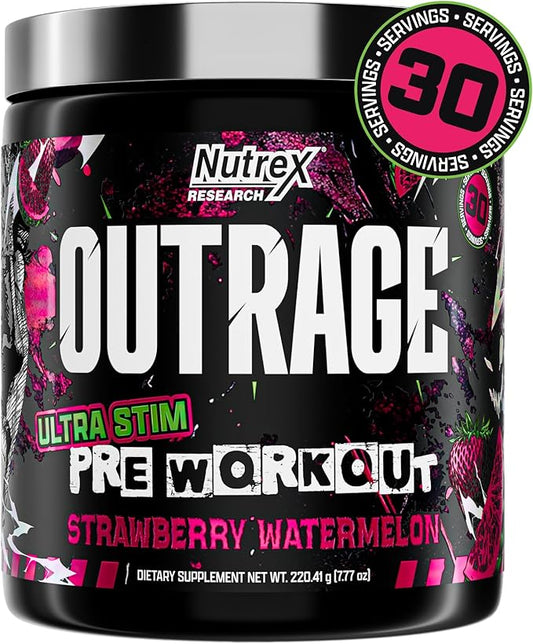 Outrage Ultra HIGH STIM Pre-Workout Powder for Men | 400mg Caffeine, L-Citrulline, Beta-Alanine, Creatine | Extreme Energy, Focus, Strength & Endurance (30 Servings, Strawberry Watermelon)