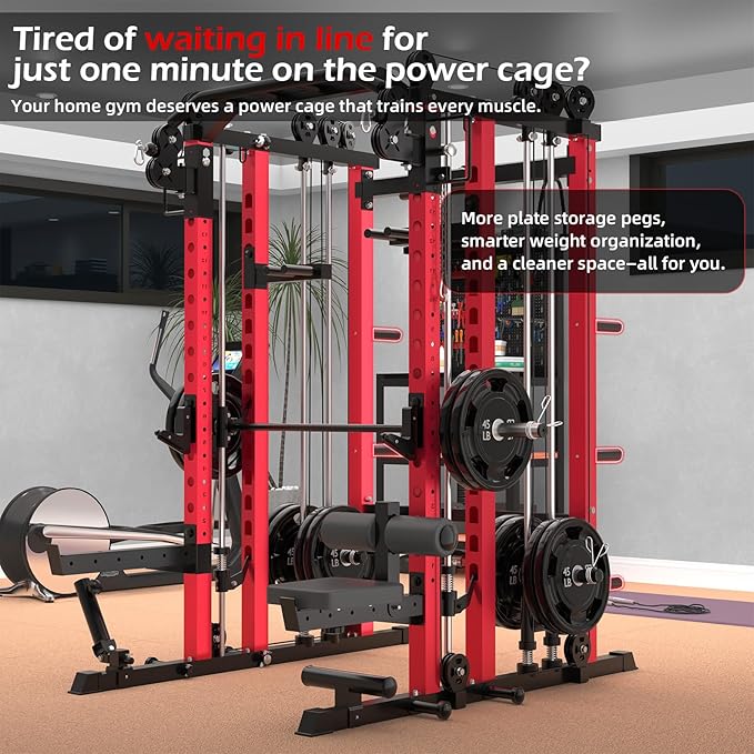 Power Squat Rack Cage Home Gym, 2000lbs All in One Dual Cable Crossover Machine with LAT Pulldown Strength Training Power Cages with Pulley Workout System, Garage Bench Press