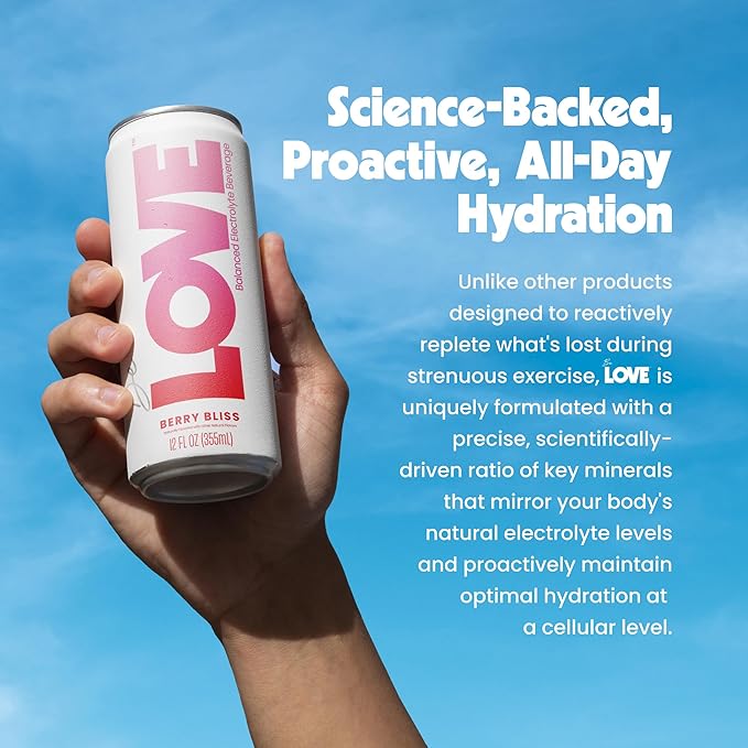 Be LOVE Balanced Electrolyte Beverage with Magnesium, Potassium & Sodium - Purified Still Beverage for Daily Hydration, Exercise, Work & Wellness- Zero Sugar, Gluten Free (Berry Bliss, 12oz x 12ct)