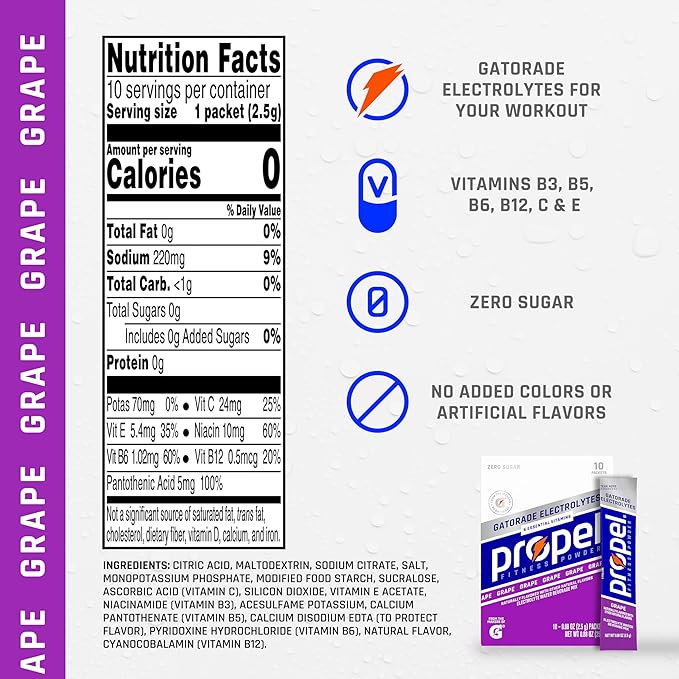 Propel Electrolyte Enhanced Water Drink Mix Powder Packets, Grape, Zero Calorie & Zero Sugar Hydration with Electrolytes and Vitamins C & E (120 Packets)