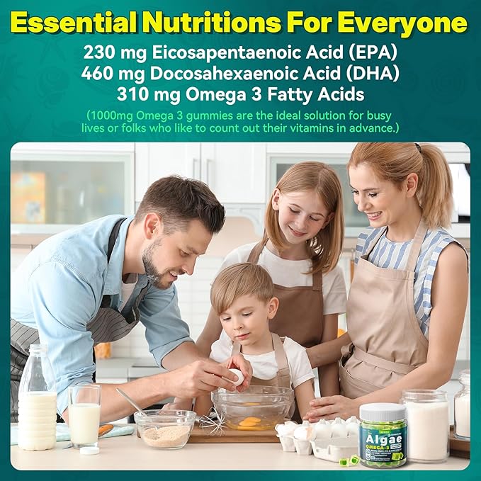 Algae Omega 3 Gummies 1000mg, Plant Based DHA 460mg & EPA 230mg, Omega 3 Fish Oil Alternative for Adults, Plus MethylFolate, Vitamin B12, Phosphatidylserine, No Fishy Taste, Vegan, Sugar Free, 60 Cts
