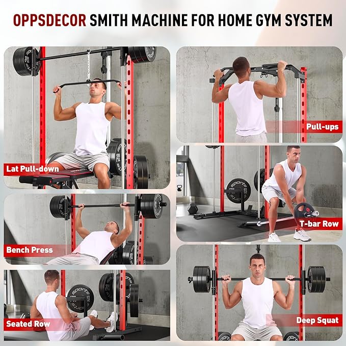 OPPSDECOR Power Cage Power Rack with LAT Pull Down Pulley System& Cable Row, Weight Cage with More Training Attachments, Multi-Functional Squat Rack for Home Gym System