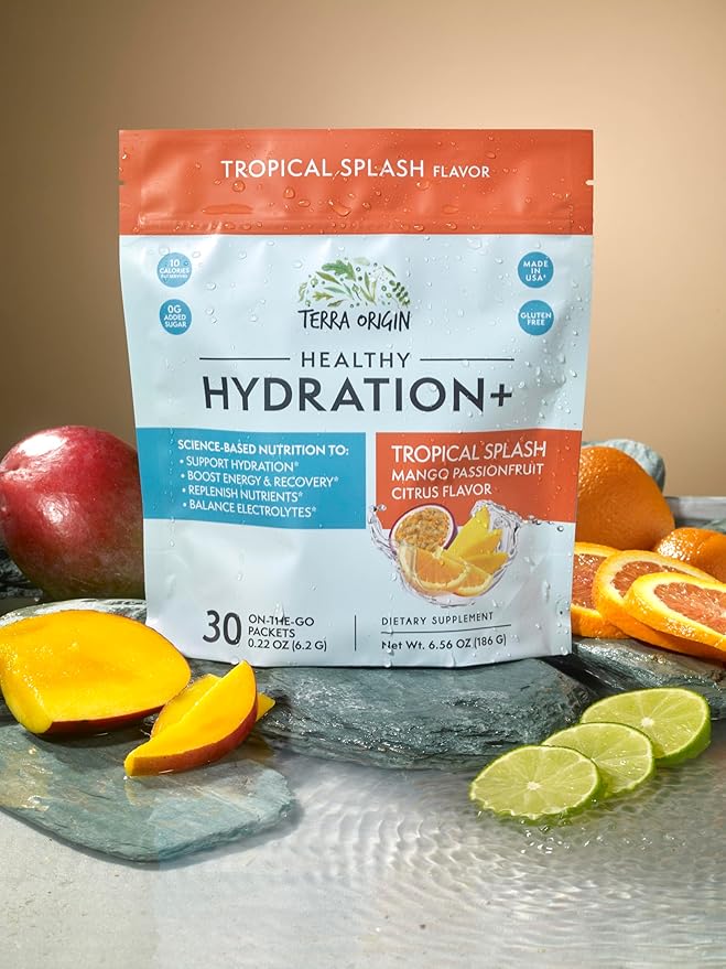 TERRA ORIGIN Healthy Hydration+ Tropical Splash Electrolyte Powder Packets | After Alcohol Aid with DHM | Mango Passionfruit Citrus Flavor | 30 On The Go Packs