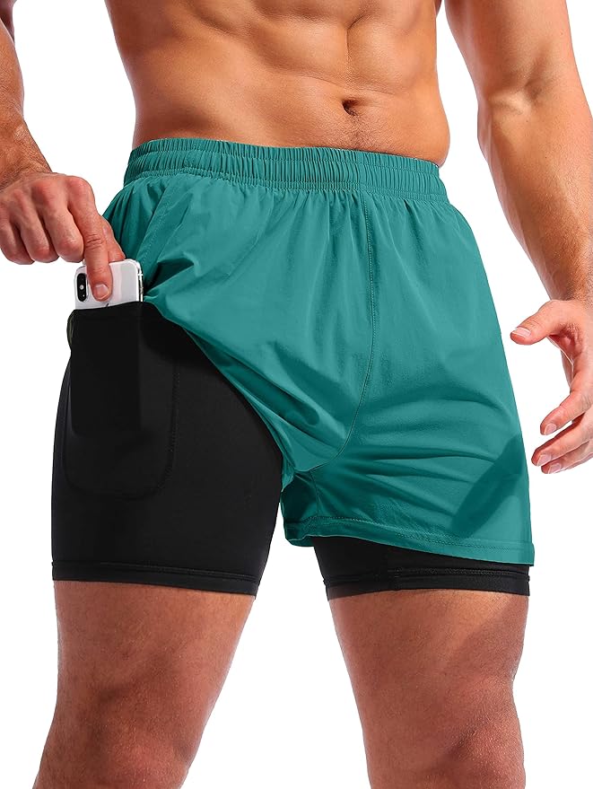 Pudolla Men’s 2 in 1 Running Shorts 5" Quick Dry Gym Athletic Workout Shorts for Men with Phone Pockets