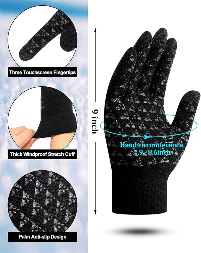 SATINIOR 4 Pairs Winter Gloves for Men Knit Warm Lining Cold Weather Gloves with Anti Slip Grips Touch Screen Texting Mittens