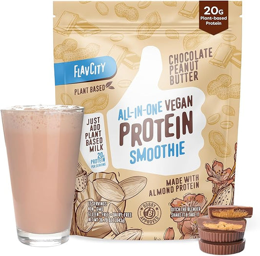 FlavCity Vegan Protein Powder - Chocolate Peanut Butter - 20g Almond, Plant Based Protein Powder - Dairy-Free Shake - With Organic Fruit, Reishi & Cordecyps Mushrooms - No Blender Needed (15 Servings)