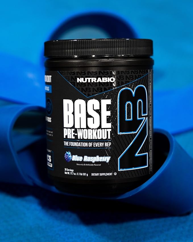 NutraBio Base Pre-Workout Powder 200mg Caffeine, Sustained Energy, Focus, Endurance, Pump, Sugar Free, Clean Preworkout for Men and Women - Beta Alanine, L-Tyrosine, 30 Servings - Blue Raspberry