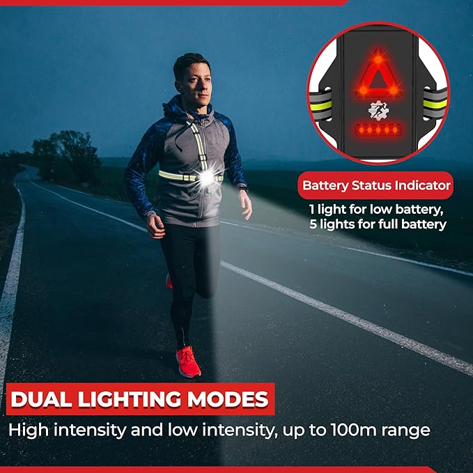 LUMEFIT Running Lights for Runners with Yellow Reflective Vest, Adjustable Beam Night Safety LED Chest Light Run, Dog Walking, and Jogging Gear, Rechargeable Headlamp Flashlight