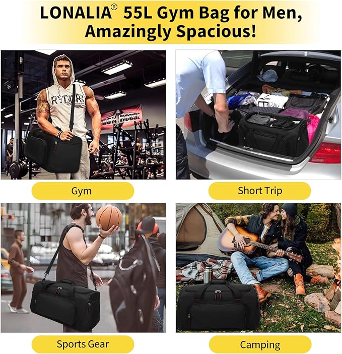 55L Sports Gym Duffle Bag for Men - 22 inch Large Duffel bag for Workout, Travel, Weekender, Fitness (Black)